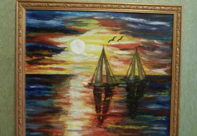 Картина маслом "Лодки. Закат"