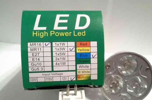 Светодиодная лампа LED 3вт/12в GU5.3 (MR16), синяя