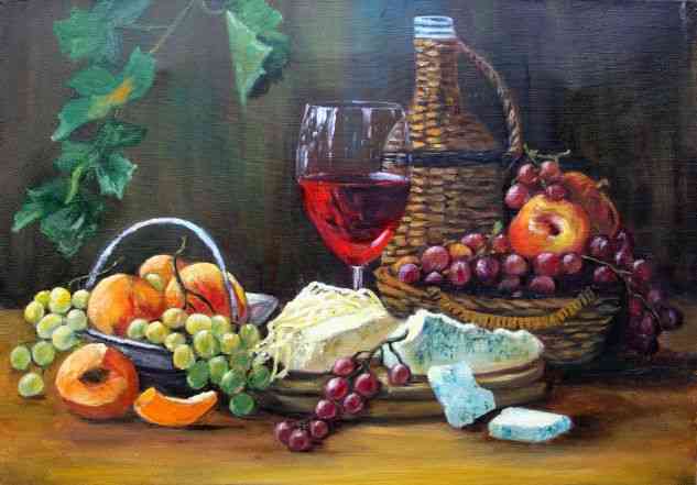 Картина маслом "Натюрморт сыр, вино и фрукты"