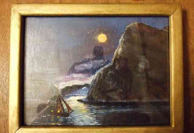 Картина ночной пейзаж с горой, луной и лодкой